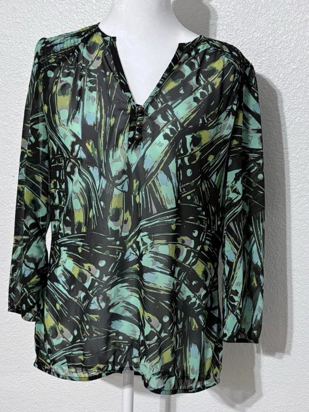 Banana Republic Womens Sz M Green Black V- Neck Tunic Blouse